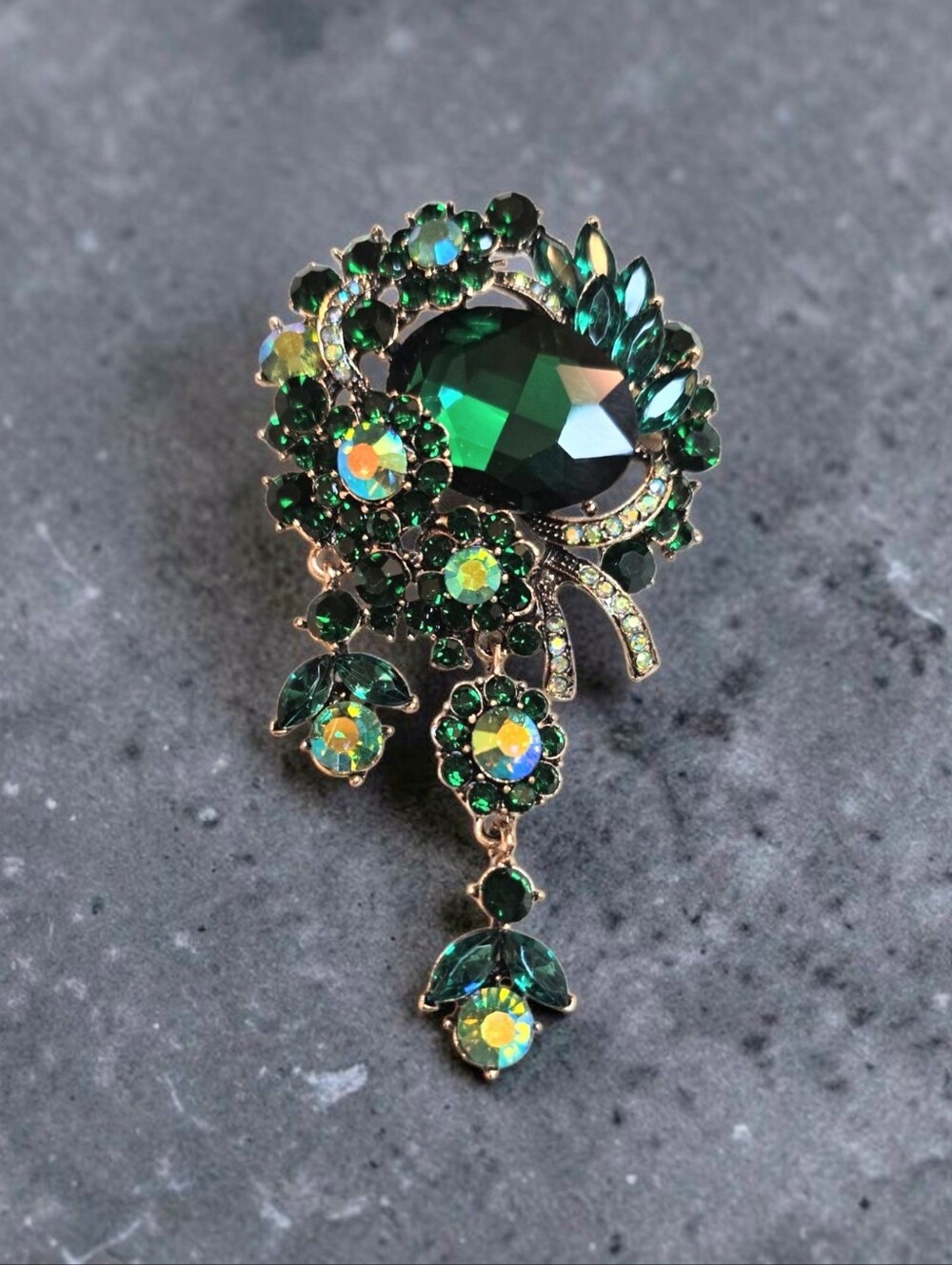 Emerald & AB Glass Crystal Floral Brooch/Pendant - Modern Czech